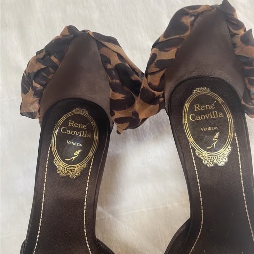 Rene Caovilla Black and Brown Heels with Leopard Bow - Picture 6 of 11